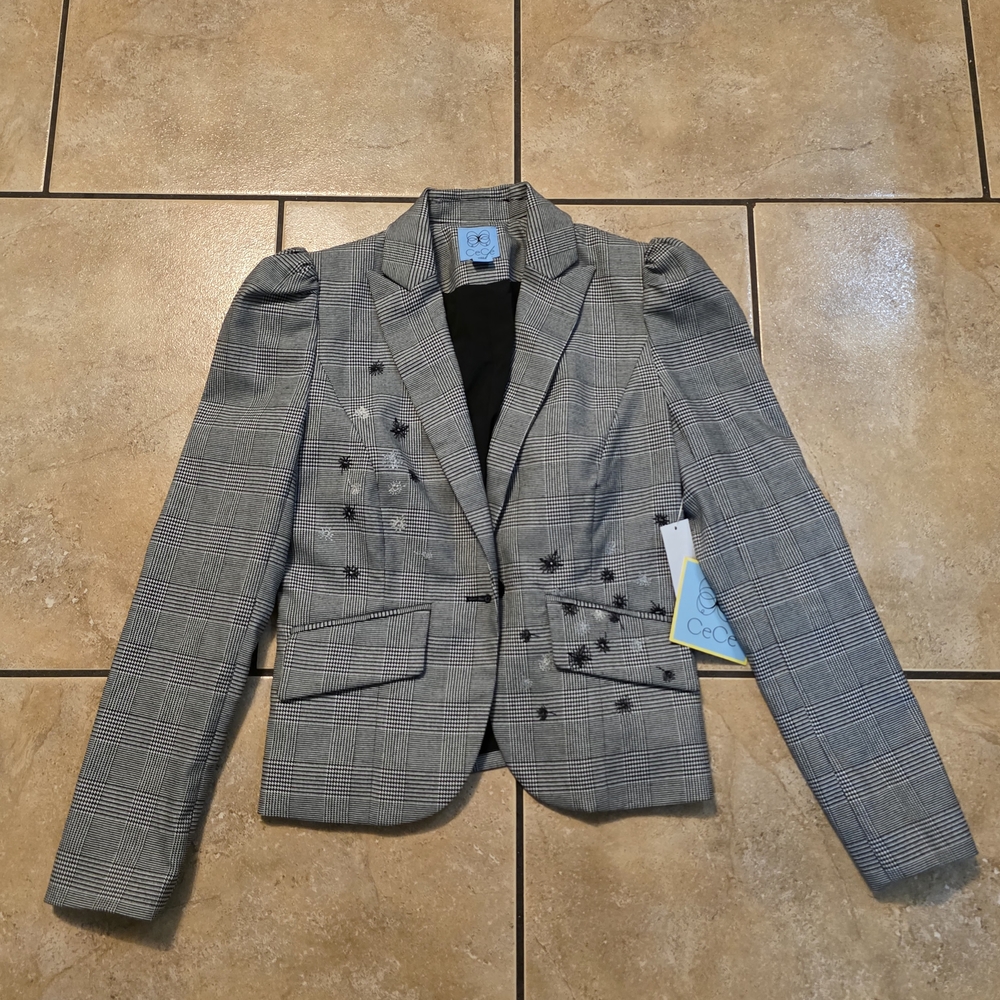 CeCe Black and Gray Plaid Puff-Sleeve Blazer with Star Embellishments - Picture 2 of 10